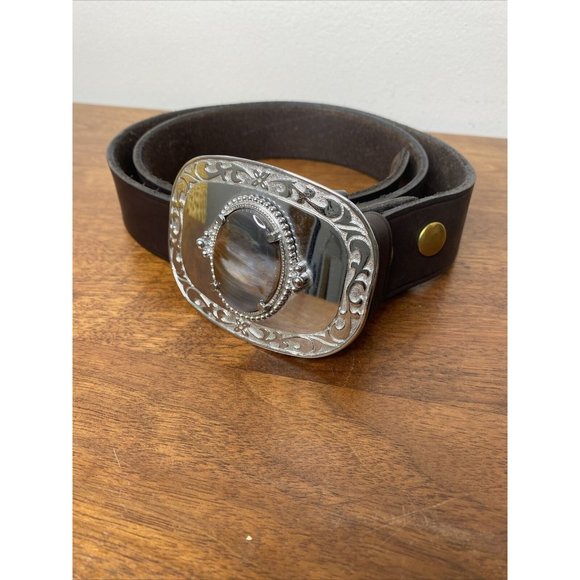 Men's Brown Leather Belt Snap On Buckle Sz 40 Silver Stone Removable 1 1/4"